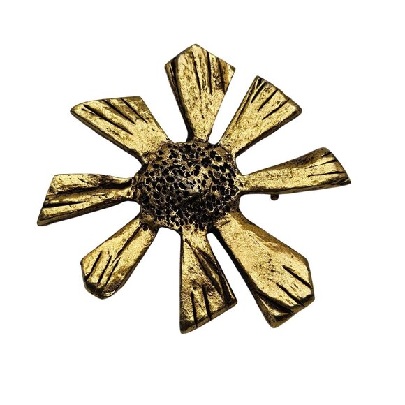 Vintage Gold Tone Textured Abstract Metal Flower Brooch Pin - Picture 1 of 4